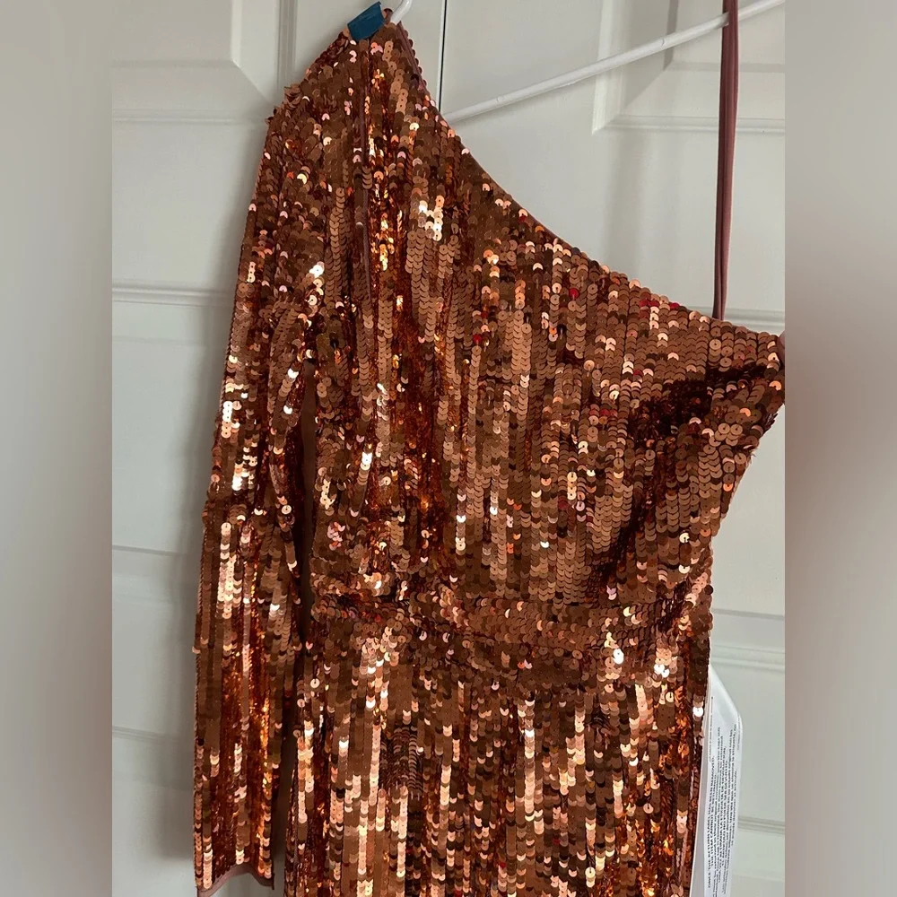Mac‎ Duggal Sequined One Sleeve Column Gown- Copper
